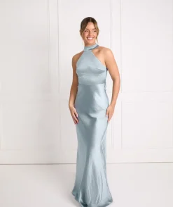 Halter Neck Satin Bridesmaid Dress - Dusty Blue