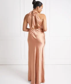 Halter Neck Satin Bridesmaid Dress - Burnt Peach