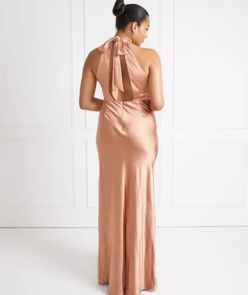 Halter Neck Satin Bridesmaid Dress - Burnt Peach