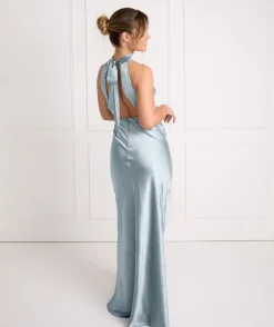Halter Neck Satin Bridesmaid Dress - Dusty Blue