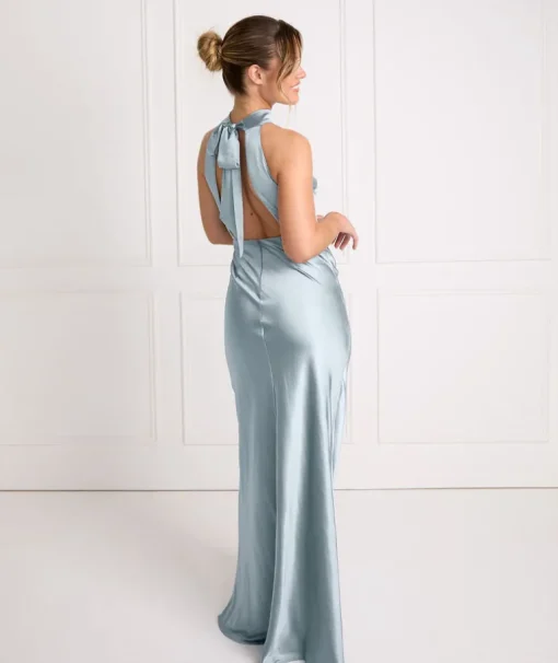 Halter Neck Satin Bridesmaid Dress - Dusty Blue