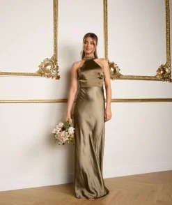 Halter Neck Satin Bridesmaid Dress - Olive