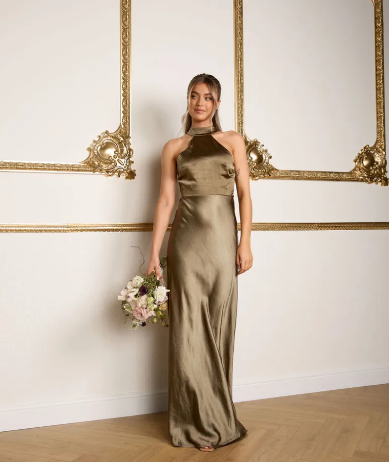 Halter Neck Satin Bridesmaid Dress - Olive