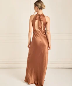 Halter Neck Satin Bridesmaid Dress - Rust