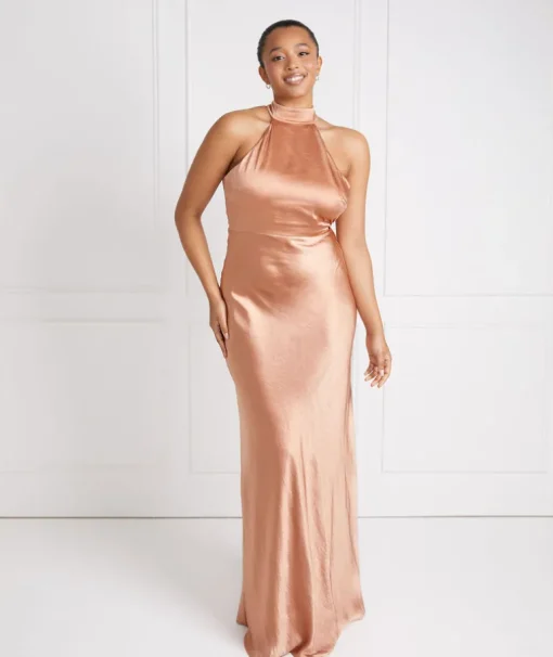 Halter Neck Satin Bridesmaid Dress - Burnt Peach
