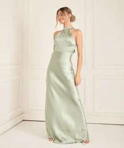 Halter Neck Satin Bridesmaid Dress - Sage