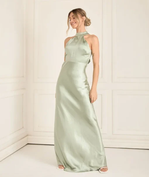 Halter Neck Satin Bridesmaid Dress - Sage
