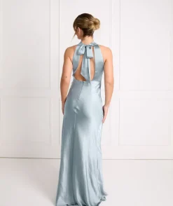 Halter Neck Satin Bridesmaid Dress - Dusty Blue