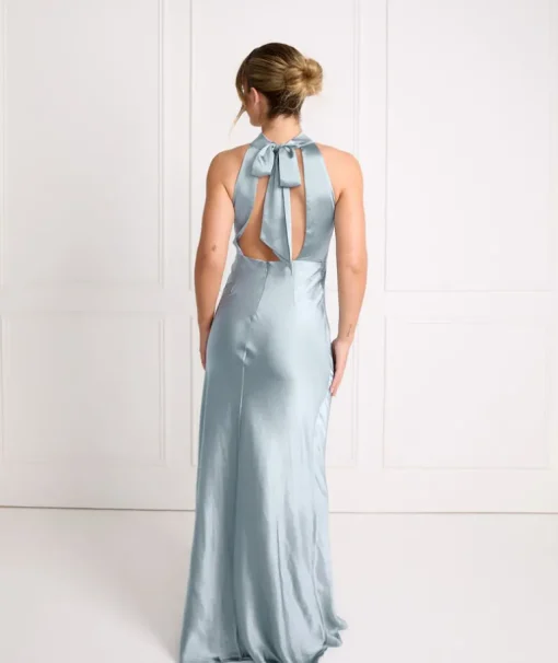 Halter Neck Satin Bridesmaid Dress - Dusty Blue