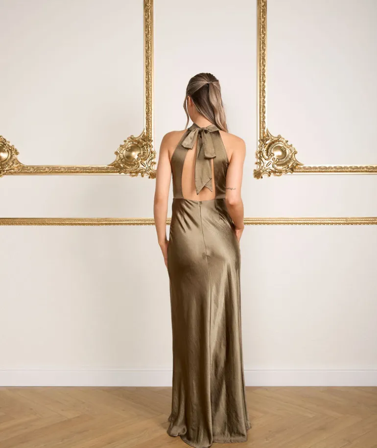 Halter Neck Satin Bridesmaid Dress - Olive