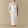 Lace Sleeve Cup Detail Midi Dress - White