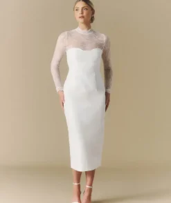 Lace Sleeve Cup Detail Midi Dress - White