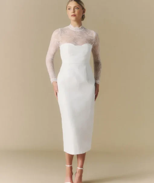 Lace Sleeve Cup Detail Midi Dress - White