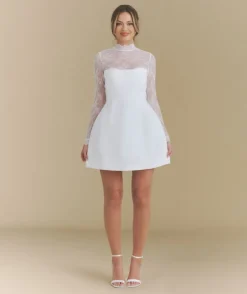 Lace Sleeve Cup Detail Mini Dress - White
