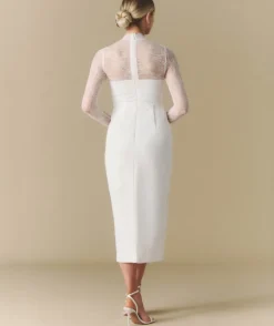Lace Sleeve Cup Detail Midi Dress - White