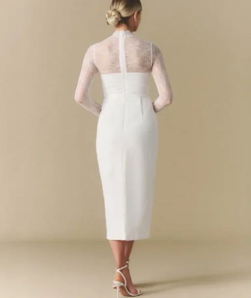 Lace Sleeve Cup Detail Midi Dress - White