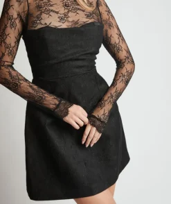 Lace Sleeve Cup Detail Mini Dress - Black