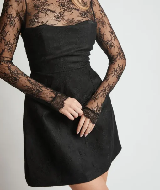 Lace Sleeve Cup Detail Mini Dress - Black