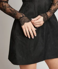 Lace Sleeve Cup Detail Mini Dress - Black