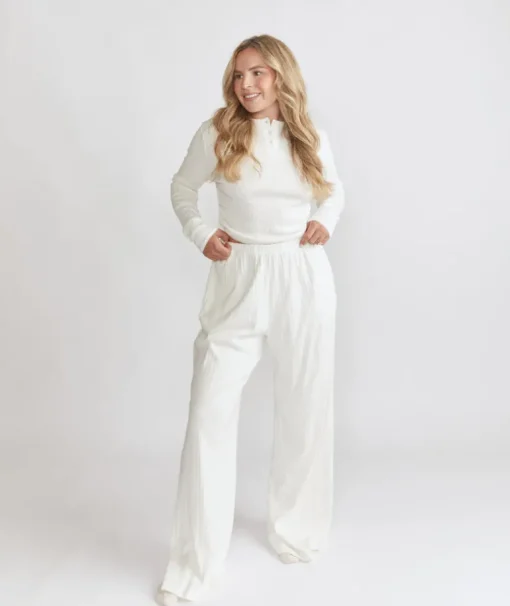 Long Sleeve Pointelle Pyjama Top & Wide Leg Trouser Pyjama Set - Coconut