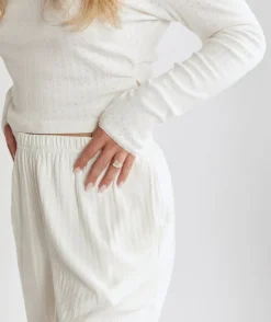 Long Sleeve Pointelle Pyjama Top & Wide Leg Trouser Pyjama Set - Coconut