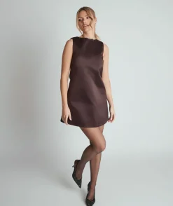 Mini Shift Bow Satin Dress - Chocolate Brown