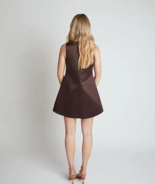 Mini Shift Bow Satin Dress - Chocolate Brown