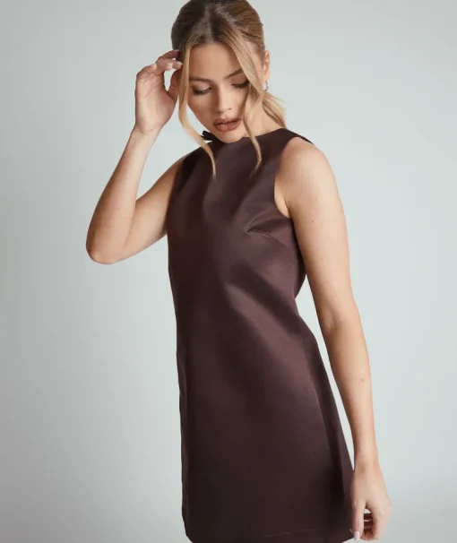 Mini Shift Bow Satin Dress - Chocolate Brown