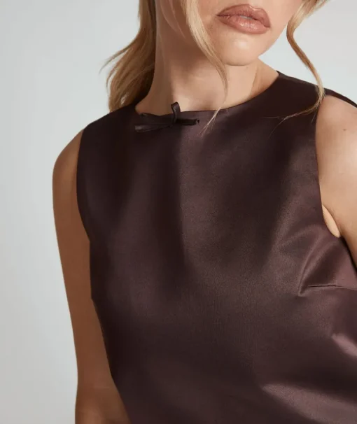 Mini Shift Bow Satin Dress - Chocolate Brown