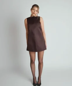 Mini Shift Bow Satin Dress - Chocolate Brown