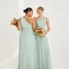 One Shoulder Pleated Waist Chiffon Bridesmaid Dress - Sage