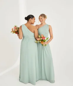 One Shoulder Pleated Waist Chiffon Bridesmaid Dress - Sage