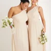 One Shoulder Pleated Waist Chiffon Bridesmaid Dress - Butter Cream