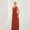 One Shoulder Pleated Waist Chiffon Bridesmaid Dress - Rust
