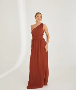 One Shoulder Pleated Waist Chiffon Bridesmaid Dress - Rust