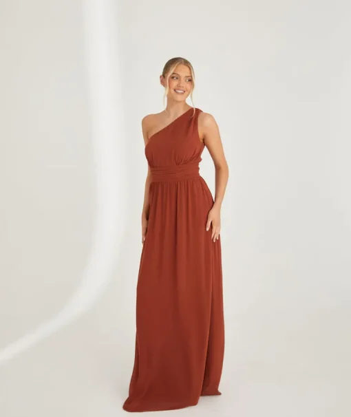 One Shoulder Pleated Waist Chiffon Bridesmaid Dress - Rust