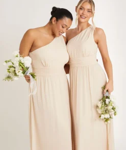 One Shoulder Pleated Waist Chiffon Bridesmaid Dress - Butter Cream