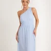 One Shoulder Pleated Waist Chiffon Bridesmaid Dress - Cornflower Blue