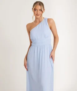 One Shoulder Pleated Waist Chiffon Bridesmaid Dress - Cornflower Blue