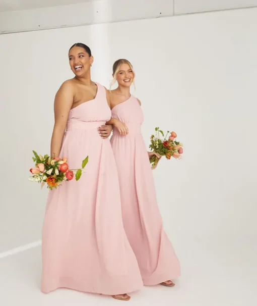 One Shoulder Pleated Waist Chiffon Bridesmaid Dress - Peony Pink