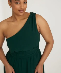One Shoulder Pleated Waist Chiffon Bridesmaid Dress - Emerald