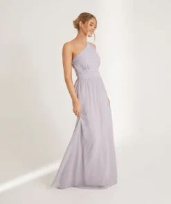 One Shoulder Pleated Waist Chiffon Bridesmaid Dress - Dusty Lilac