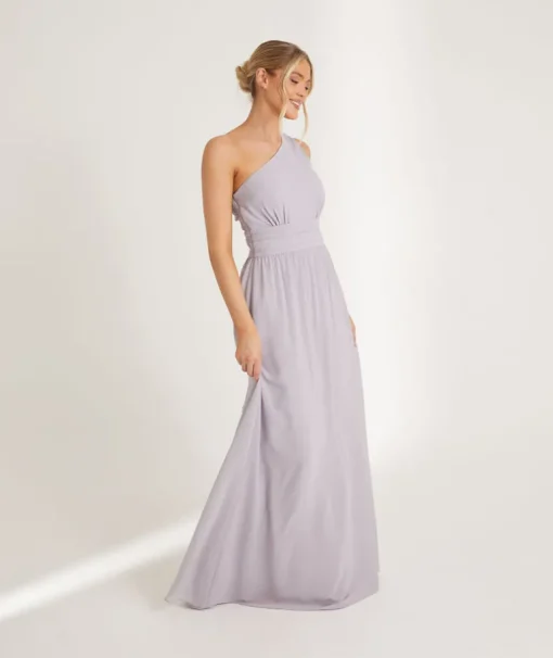 One Shoulder Pleated Waist Chiffon Bridesmaid Dress - Dusty Lilac