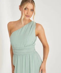 One Shoulder Pleated Waist Chiffon Bridesmaid Dress - Sage
