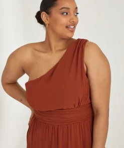 One Shoulder Pleated Waist Chiffon Bridesmaid Dress - Rust