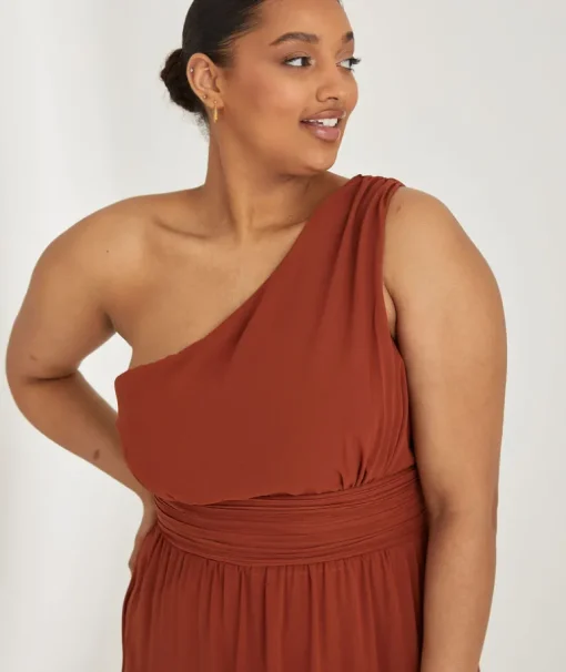 One Shoulder Pleated Waist Chiffon Bridesmaid Dress - Rust