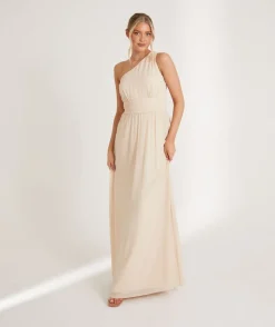 One Shoulder Pleated Waist Chiffon Bridesmaid Dress - Butter Cream