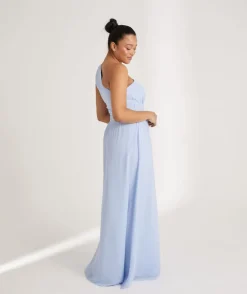 One Shoulder Pleated Waist Chiffon Bridesmaid Dress - Cornflower Blue
