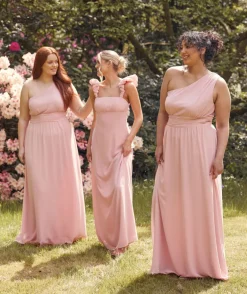 One Shoulder Pleated Waist Chiffon Bridesmaid Dress - Peony Pink