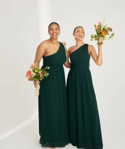 One Shoulder Pleated Waist Chiffon Bridesmaid Dress - Emerald